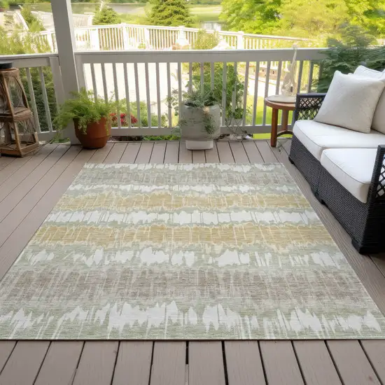 Artichoke Green Ivory And Gold Striped Washable Indoor Outdoor Area Rug Photo 7