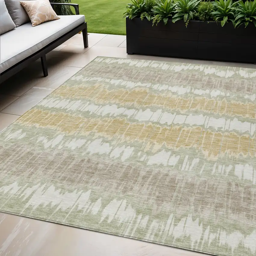 Artichoke Green Ivory And Gold Striped Washable Indoor Outdoor Area Rug Photo 1