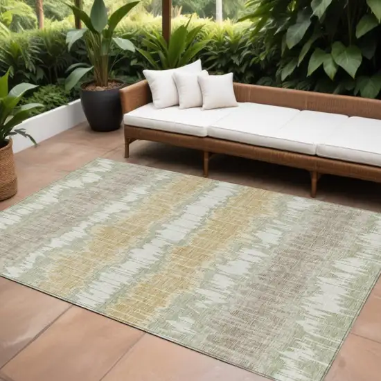 Artichoke Green Ivory And Gold Striped Washable Indoor Outdoor Area Rug Photo 1