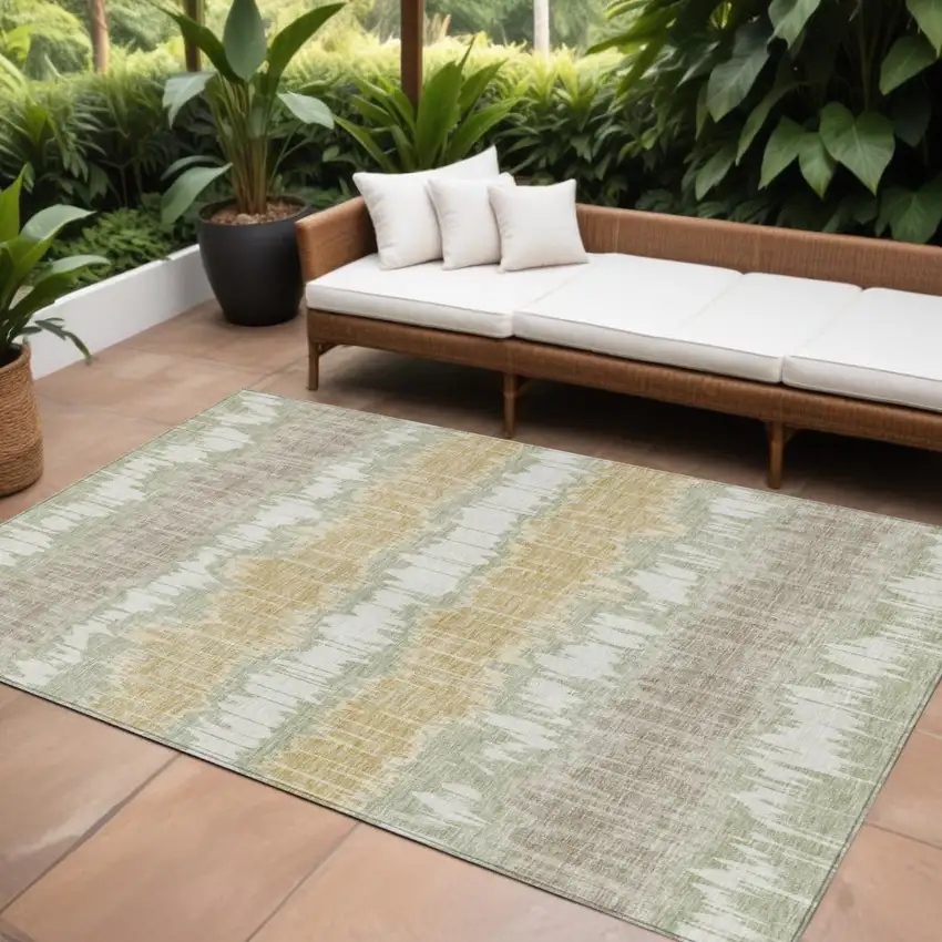 Artichoke Green Ivory And Gold Striped Washable Indoor Outdoor Area Rug Photo 1