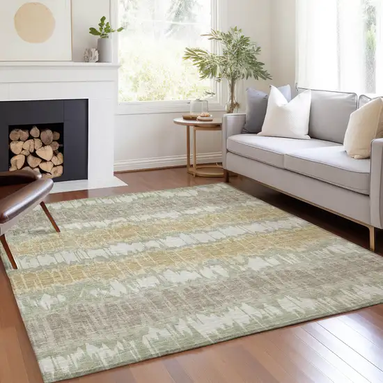 Artichoke Green Ivory And Gold Striped Washable Indoor Outdoor Area Rug Photo 8