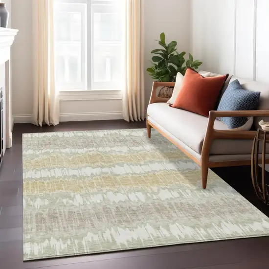 Artichoke Green Ivory And Gold Striped Washable Indoor Outdoor Area Rug Photo 9