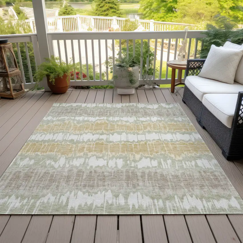 Artichoke Green Ivory And Gold Striped Washable Indoor Outdoor Area Rug Photo 7