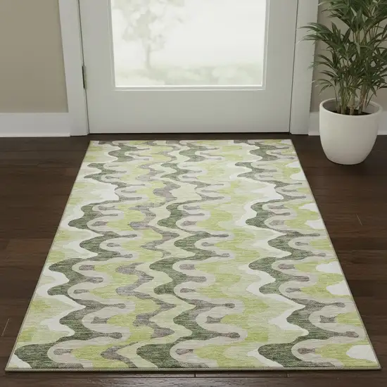 Artichoke Green Ivory And Gray Abstract Washable Area Rug With UV Protection Photo 2