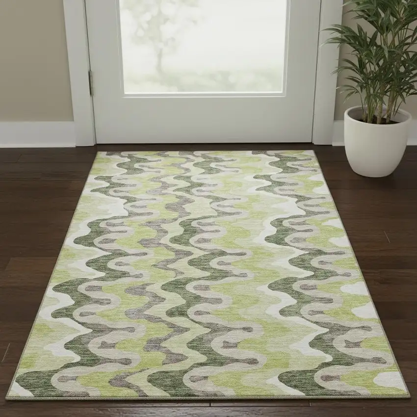Artichoke Green Ivory And Gray Abstract Washable Area Rug With UV Protection Photo 2