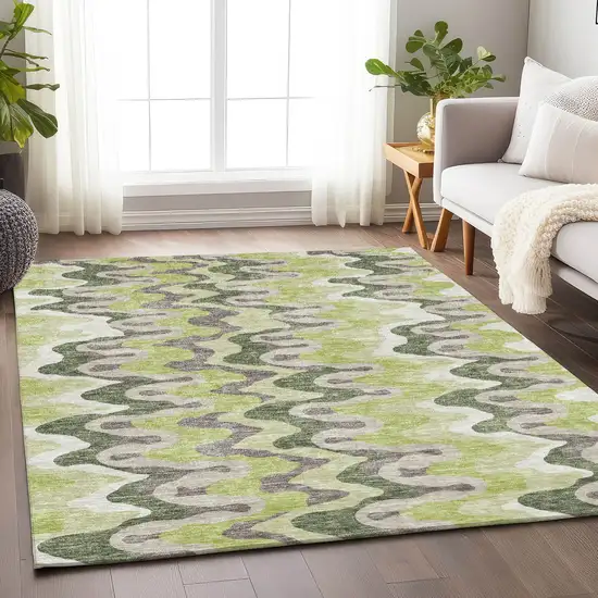 Artichoke Green Ivory And Gray Abstract Washable Area Rug With UV Protection Photo 4