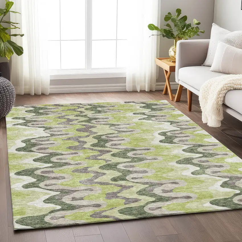 Artichoke Green Ivory And Gray Abstract Washable Area Rug With UV Protection Photo 4
