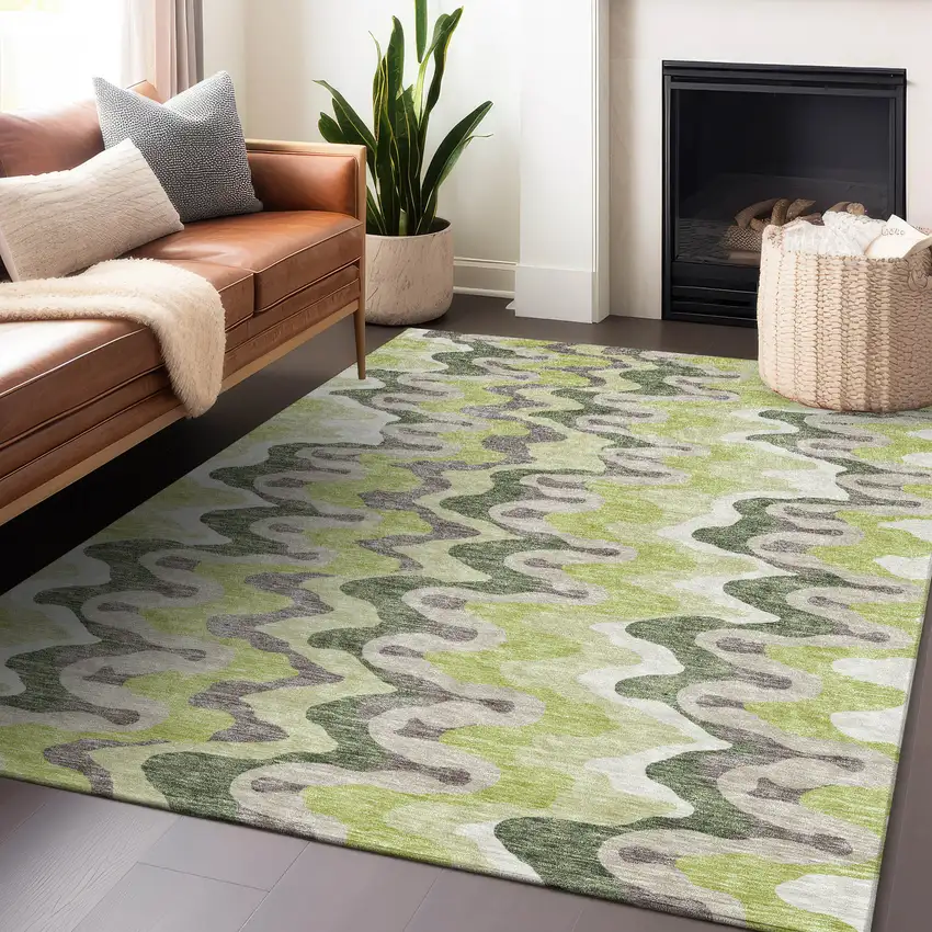 Artichoke Green Ivory And Gray Abstract Washable Area Rug With UV Protection Photo 5