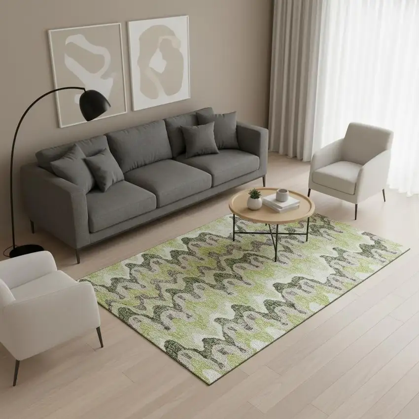 Artichoke Green Ivory And Gray Abstract Washable Area Rug With UV Protection Photo 2
