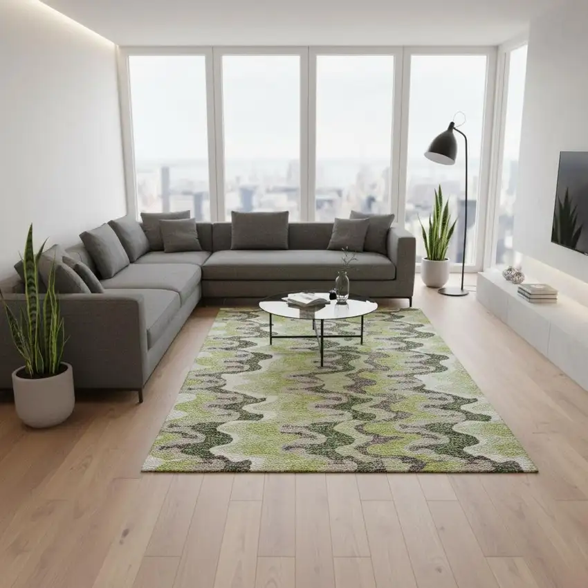 Artichoke Green Ivory And Gray Abstract Washable Area Rug With UV Protection Photo 2