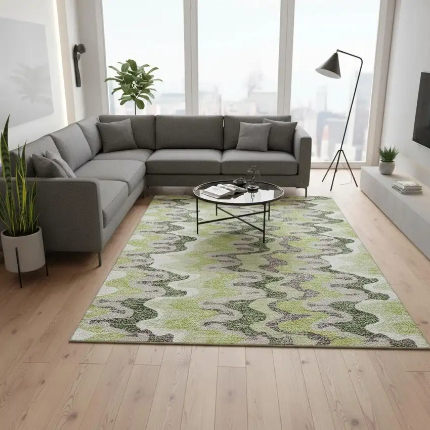 Artichoke Green Ivory And Gray Abstract Washable Area Rug With UV Protection Photo 2