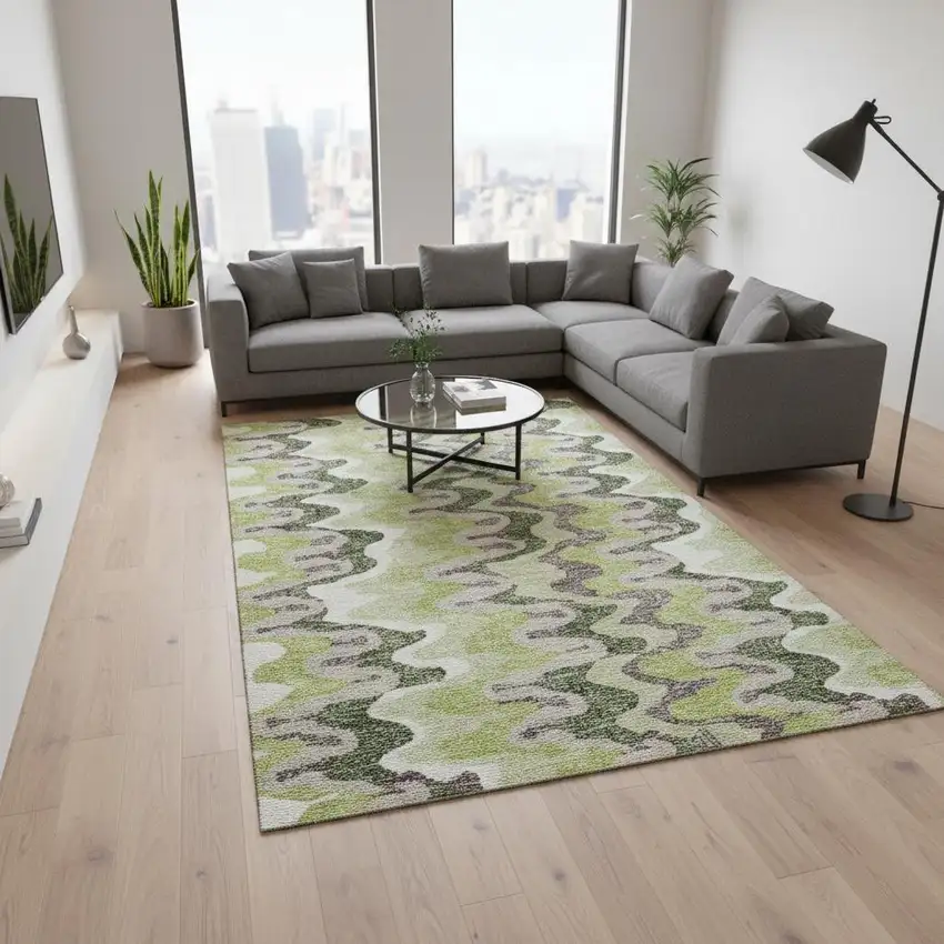 Artichoke Green Ivory And Gray Abstract Washable Area Rug With UV Protection Photo 2