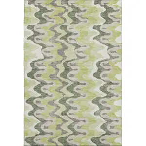 Photo of Artichoke Green Ivory And Gray Abstract Washable Area Rug With UV Protection