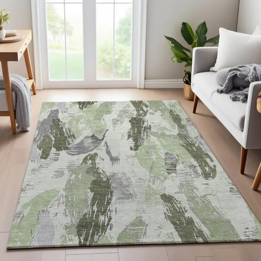 Artichoke Green Ivory And Gray Abstract Washable Area Rug With UV Protection Photo 5