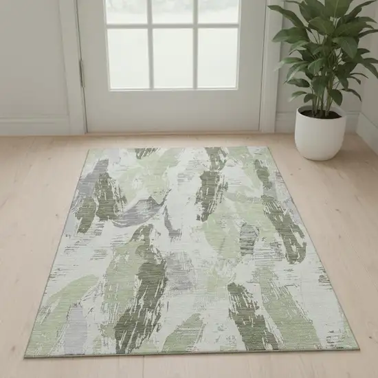 Artichoke Green Ivory And Gray Abstract Washable Area Rug With UV Protection Photo 2