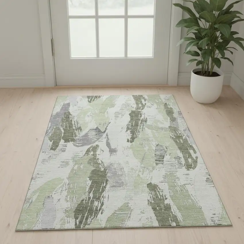 Artichoke Green Ivory And Gray Abstract Washable Area Rug With UV Protection Photo 2