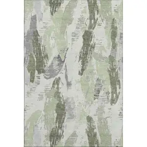 Photo of Artichoke Green Ivory And Gray Abstract Washable Area Rug With UV Protection