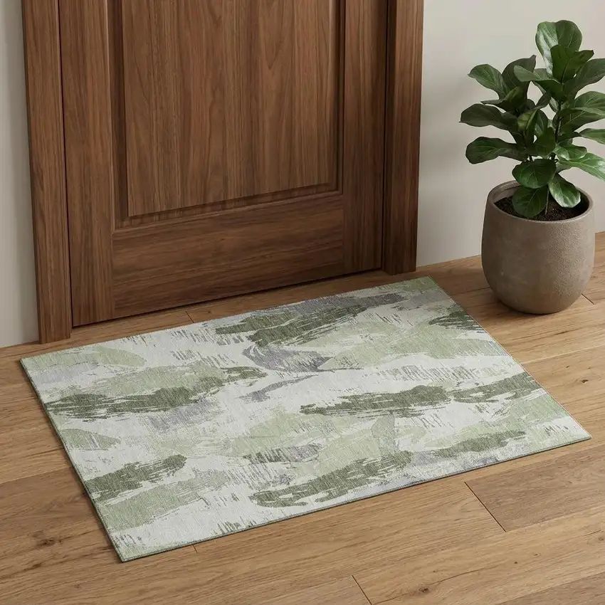 Artichoke Green Ivory And Gray Abstract Washable Area Rug With UV Protection Photo 1