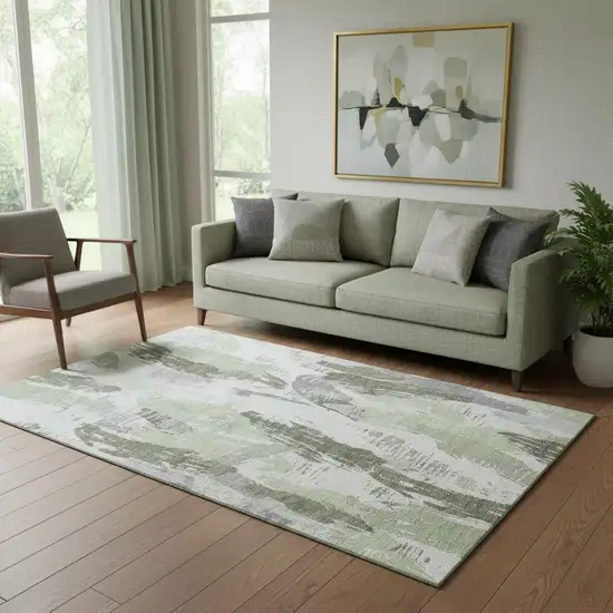 Artichoke Green Ivory And Gray Abstract Washable Area Rug With UV Protection Photo 2