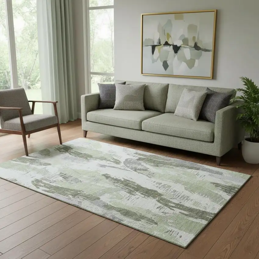 Artichoke Green Ivory And Gray Abstract Washable Area Rug With UV Protection Photo 2