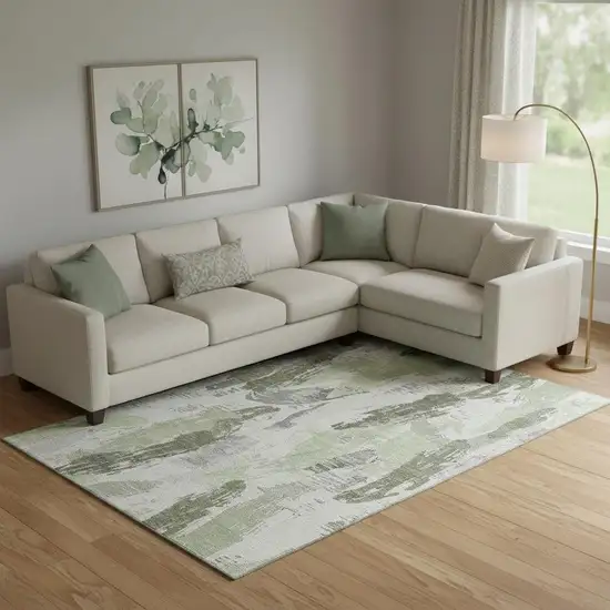 Artichoke Green Ivory And Gray Abstract Washable Area Rug With UV Protection Photo 2