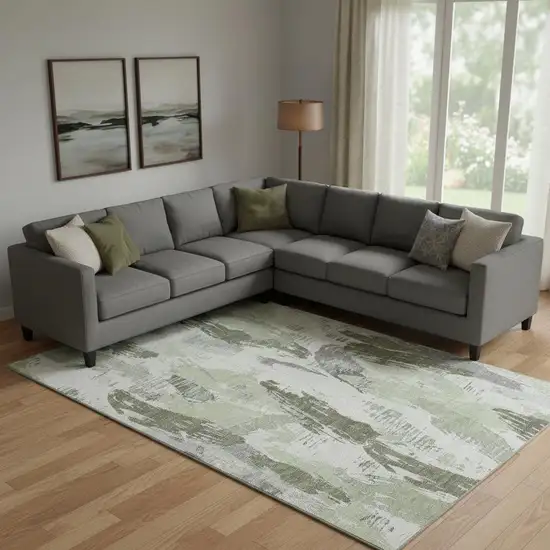 Artichoke Green Ivory And Gray Abstract Washable Area Rug With UV Protection Photo 2