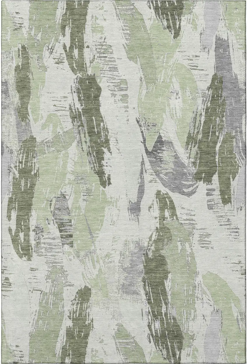 Artichoke Green Ivory And Gray Abstract Washable Area Rug With UV Protection Photo 3