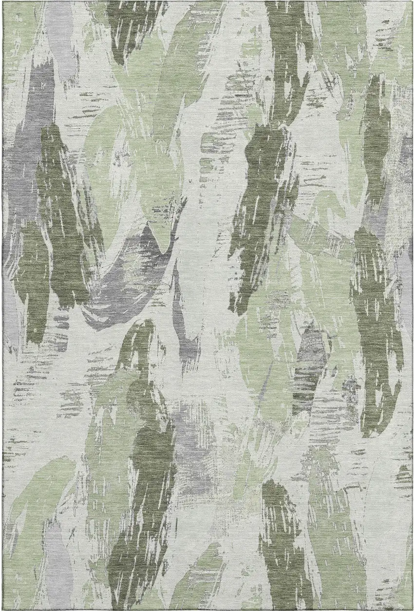 Artichoke Green Ivory And Gray Abstract Washable Area Rug With UV Protection Photo 1