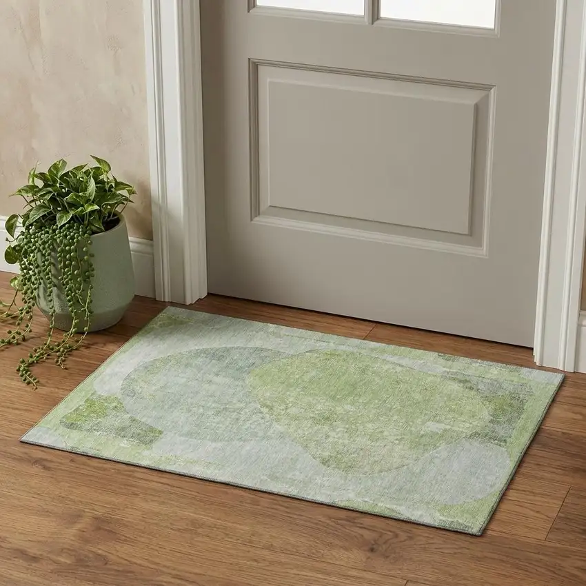 Artichoke Green Ivory And Gray Abstract Washable Area Rug With UV Protection Photo 1
