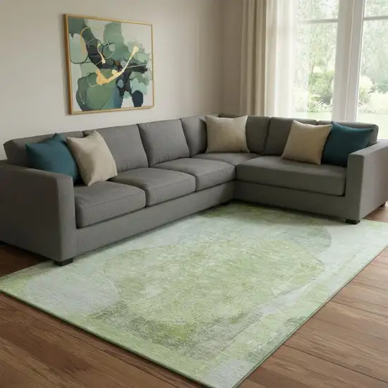 Artichoke Green Ivory And Gray Abstract Washable Area Rug With UV Protection Photo 2