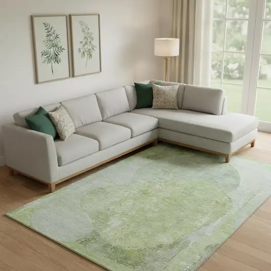 Artichoke Green Ivory And Gray Abstract Washable Area Rug With UV Protection Photo 2