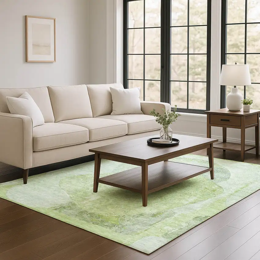 Artichoke Green Ivory And Gray Abstract Washable Area Rug With UV Protection Photo 4