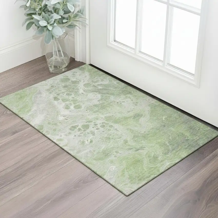 Artichoke Green Ivory And Gray Abstract Washable Area Rug With UV Protection Photo 2