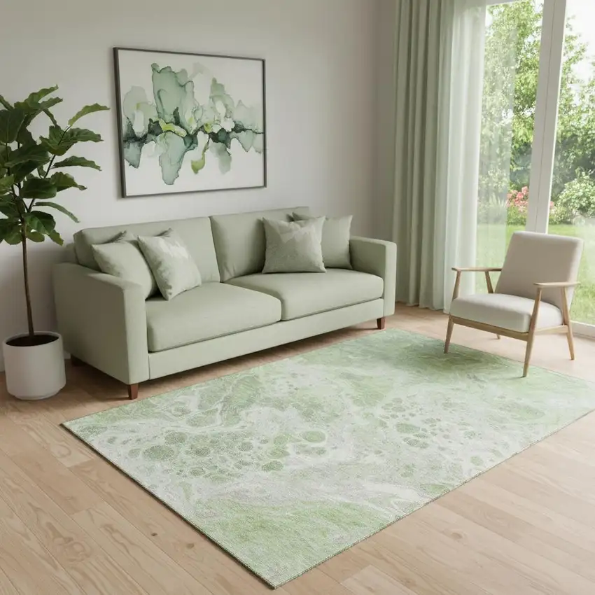 Artichoke Green Ivory And Gray Abstract Washable Area Rug With UV Protection Photo 2