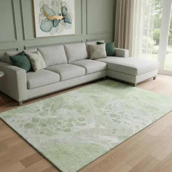 Artichoke Green Ivory And Gray Abstract Washable Area Rug With UV Protection Photo 2