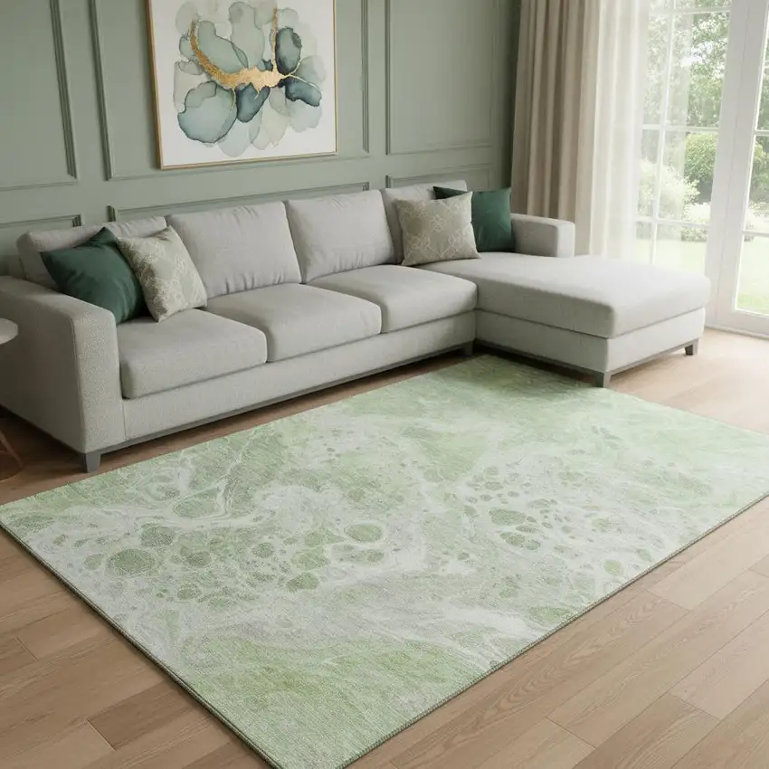Artichoke Green Ivory And Gray Abstract Washable Area Rug With UV Protection Photo 2