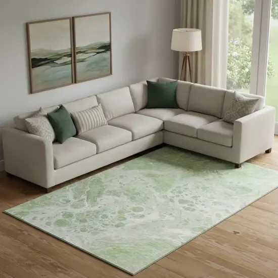 Artichoke Green Ivory And Gray Abstract Washable Area Rug With UV Protection Photo 2