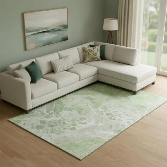 Artichoke Green Ivory And Gray Abstract Washable Area Rug With UV Protection Photo 2