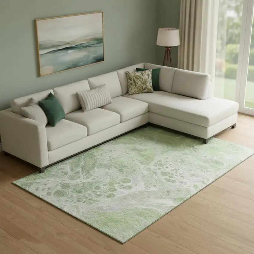 Artichoke Green Ivory And Gray Abstract Washable Area Rug With UV Protection Photo 2
