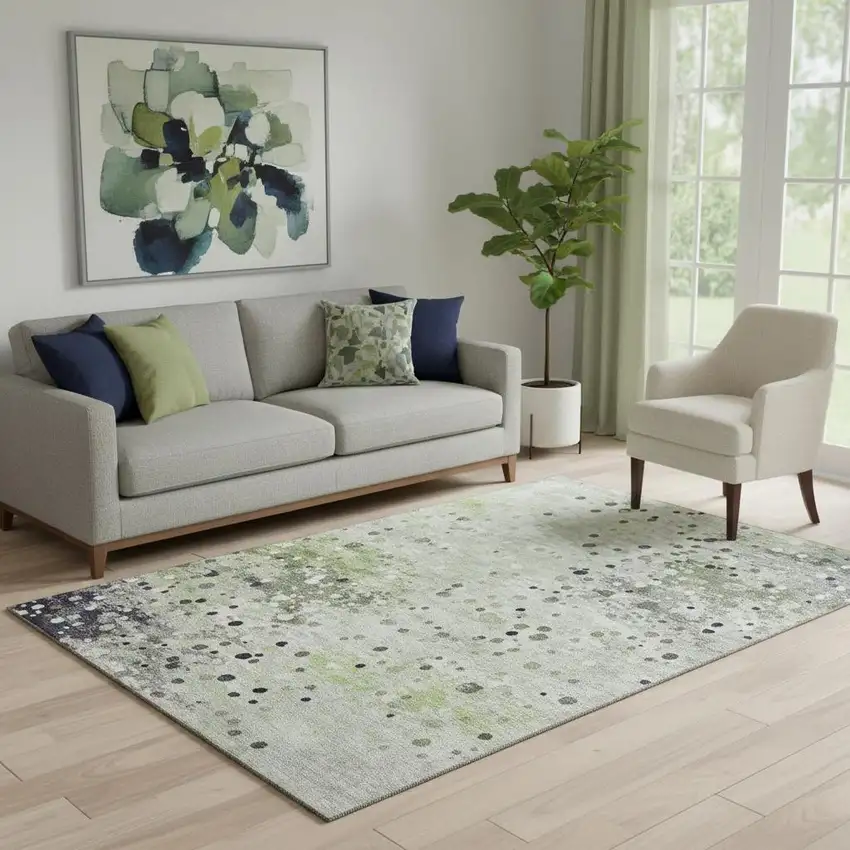 Artichoke Green Ivory And Gray Abstract Washable Area Rug With UV Protection Photo 2