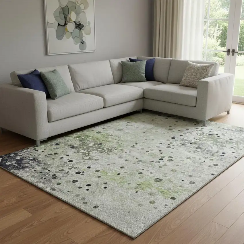 Artichoke Green Ivory And Gray Abstract Washable Area Rug With UV Protection Photo 2