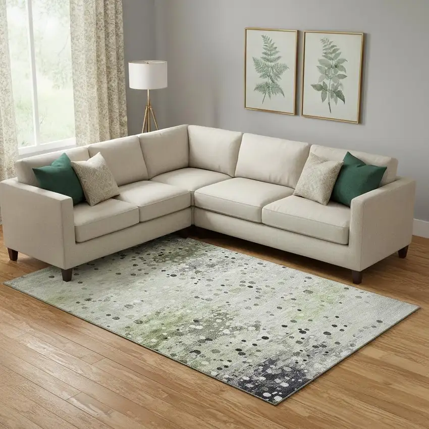 Artichoke Green Ivory And Gray Abstract Washable Area Rug With UV Protection Photo 2