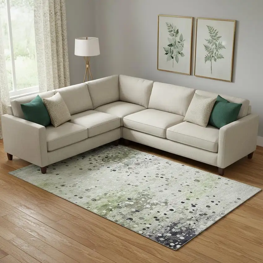 Artichoke Green Ivory And Gray Abstract Washable Area Rug With UV Protection Photo 2