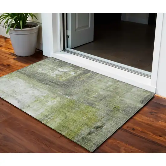 Artichoke Green Ivory And Gray Abstract Washable Indoor Outdoor Area Rug Photo 1