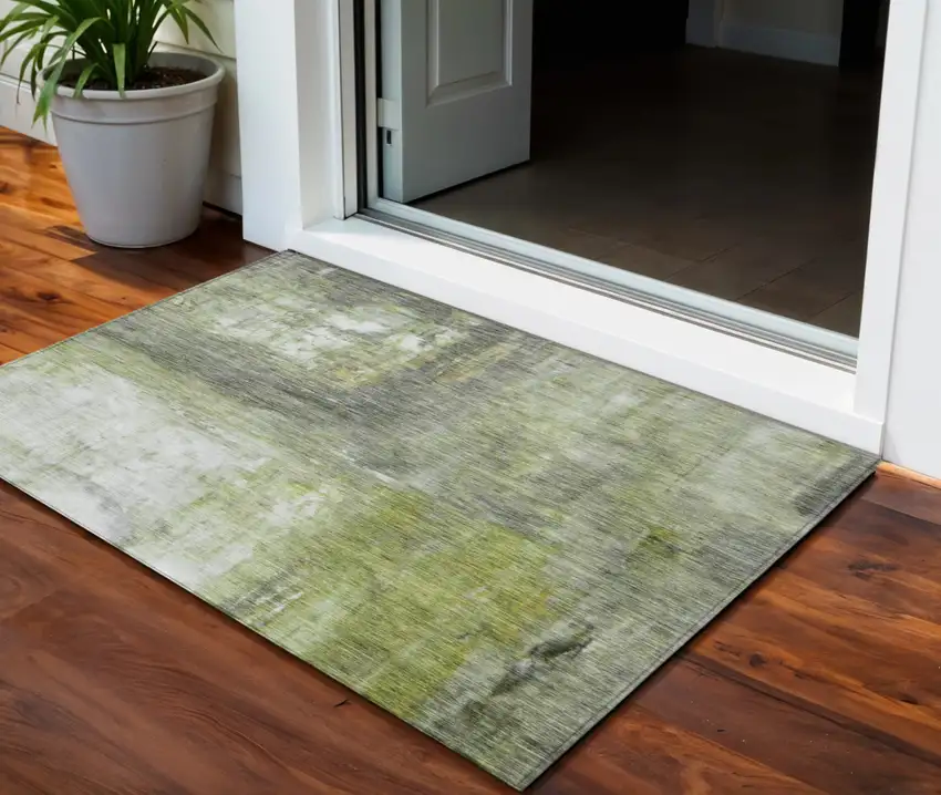 Artichoke Green Ivory And Gray Abstract Washable Indoor Outdoor Area Rug Photo 1