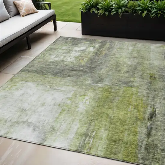 Artichoke Green Ivory And Gray Abstract Washable Indoor Outdoor Area Rug Photo 1