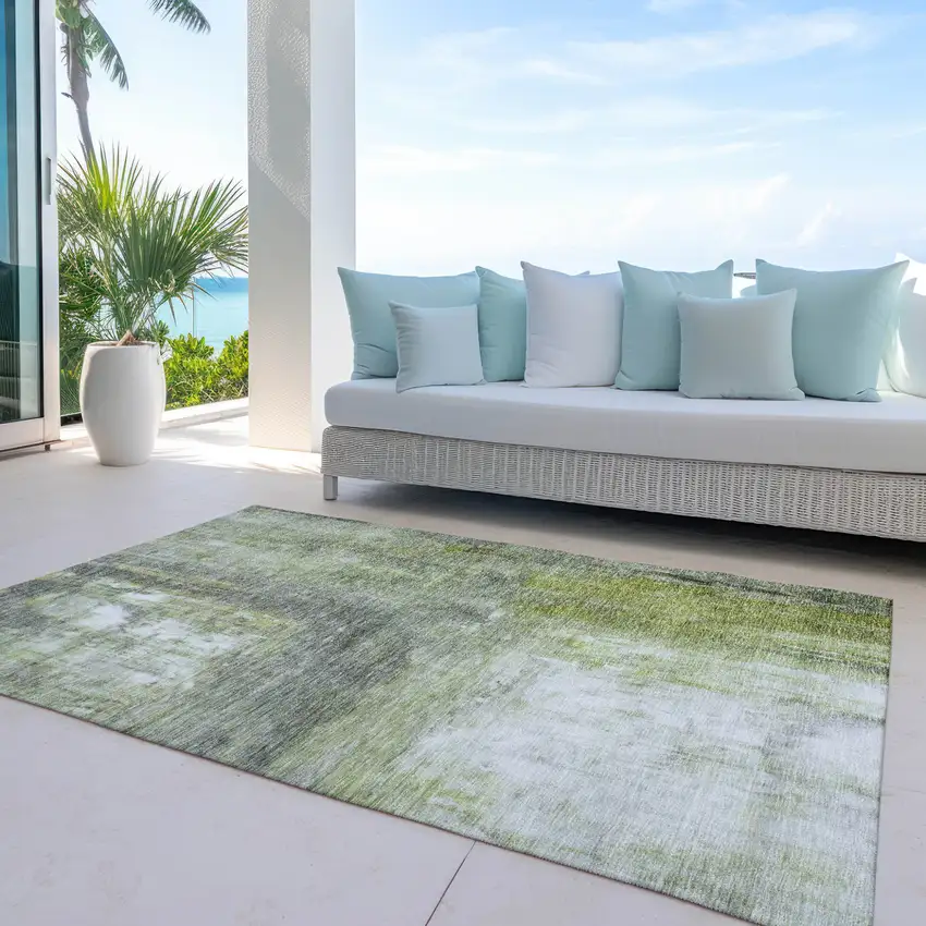 Artichoke Green Ivory And Gray Abstract Washable Indoor Outdoor Area Rug Photo 7
