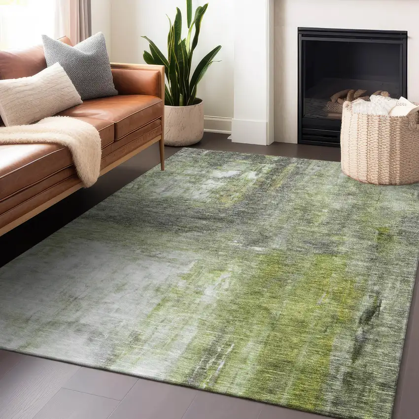 Artichoke Green Ivory And Gray Abstract Washable Indoor Outdoor Area Rug Photo 8