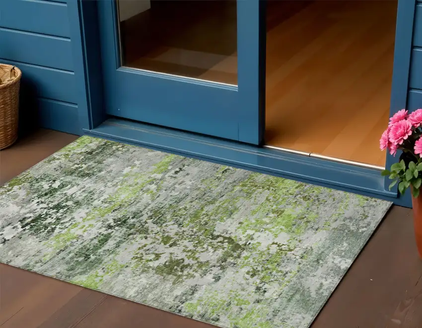 Artichoke Green Ivory And Gray Abstract Washable Indoor Outdoor Area Rug Photo 2