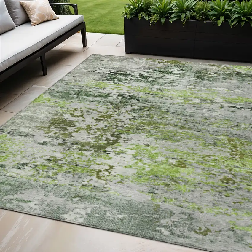 Artichoke Green Ivory And Gray Abstract Washable Indoor Outdoor Area Rug Photo 2